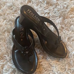 Black wedge sandals./Worn once! Beaded flower.